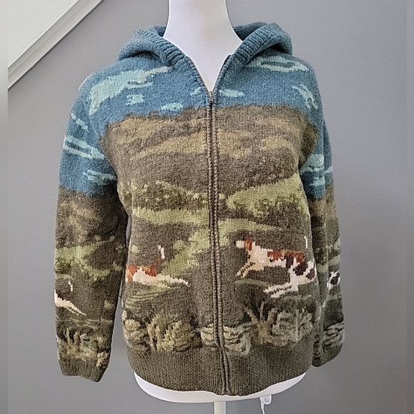 Vintage Ralph Lauren Hunting Dog Hand Knit Hooded Sweater  SZ M Lambswool Rare - Picture 1 of 6